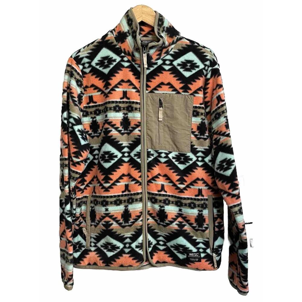 WESC Men's Aztec Pattern Full-Zip Fleece Jacket - Coral/Teal/Black